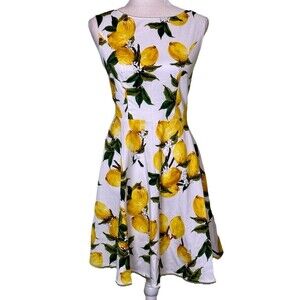 Women Lemon Print Fit & Flare Sundress Picniccore Summer Vacation Brunch Size Sm